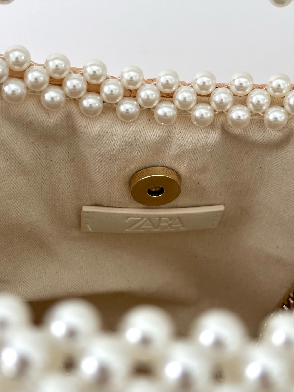 Zara Braided Pearl Embellished Bucket Bag NWT Crossbody Gold Chain - Picture 8 of 9